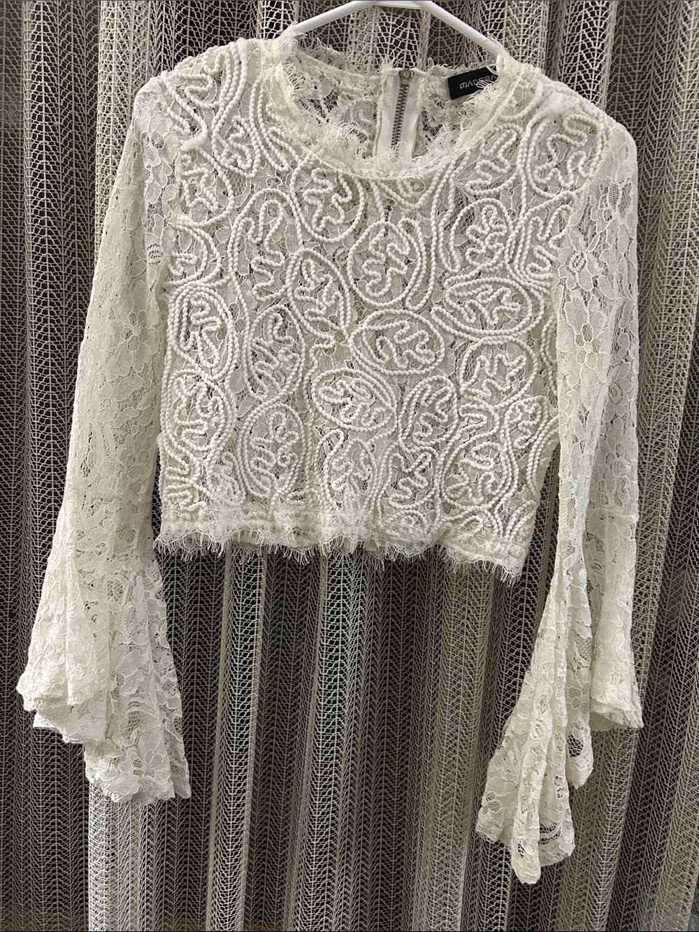 Ivory Lace Long-Sleeve Cropped Top